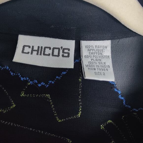 Vintage Chico's Women's Sz 2 (L) Green Blue Silk Jacket Geometric Art to Wear - Picture 2 of 7